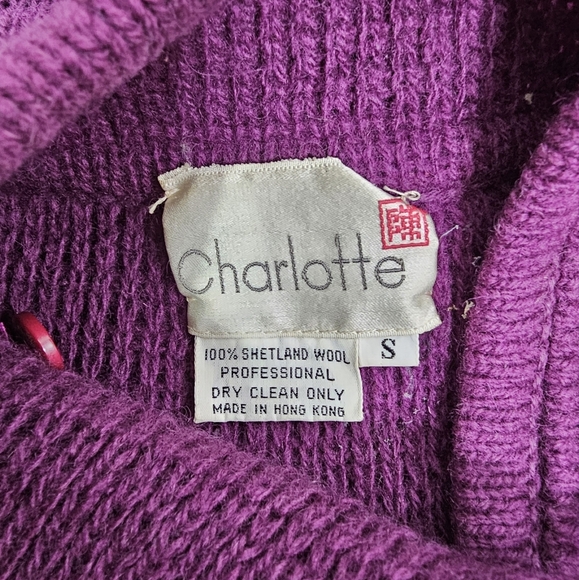 Vintage Charlotte 100% Shetland Wool purple knit duster sweater high neck small - Picture 9 of 10